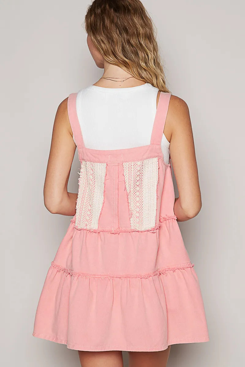 POL Lace Patchwork Detail Denim Overall Dress - kinko