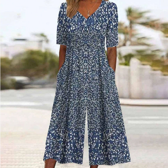 Spring And Summer Print Women's Pocket Collar Jumpsuit - kinko