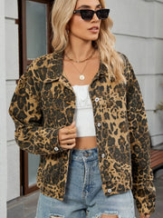Leopard Print Button Up Denim Jacket - kinko