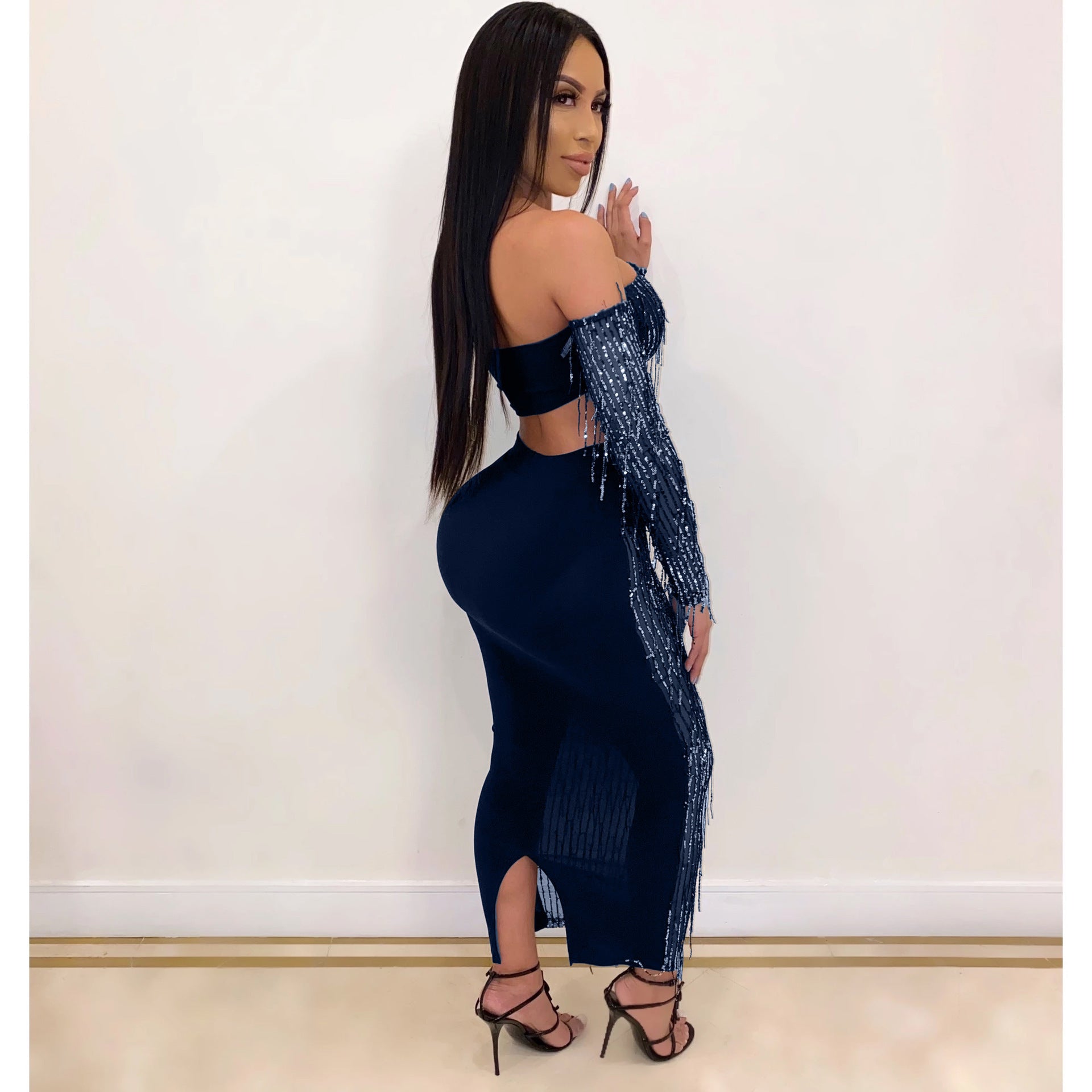 Fashion Sexy See-through Mesh Sequins Tassel Two-piece Set - kinko