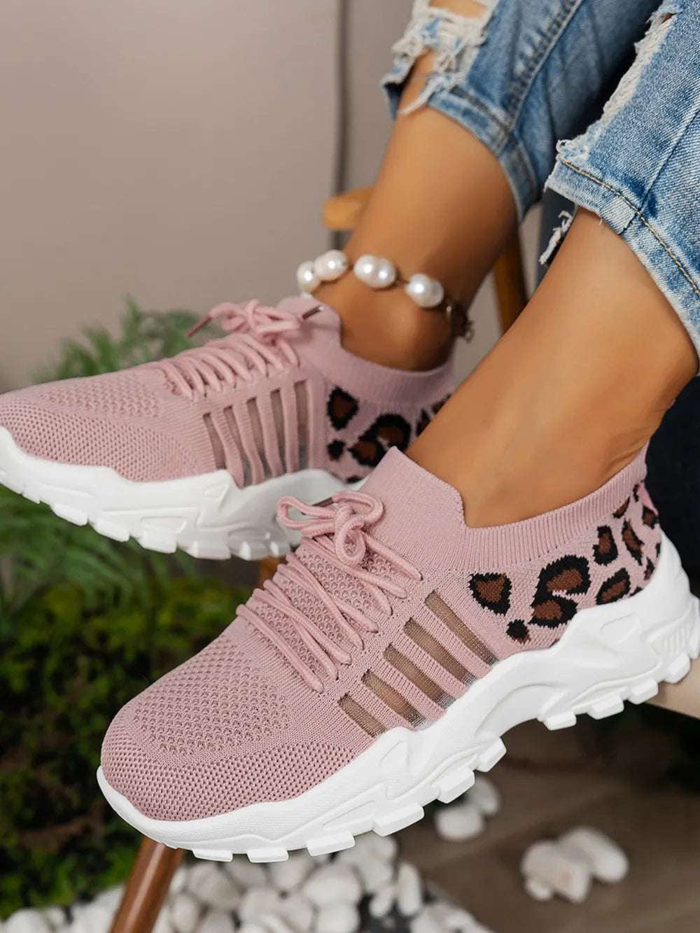 Cutout Leopard Lace Up Mesh Athletic - kinko