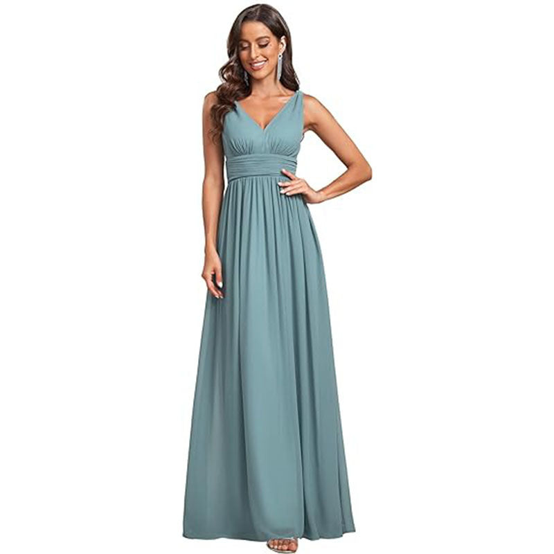 Women's Elegant Graceful Deep V-neck Sleeveless Chiffon Formal Maxi Evening Dress - kinko