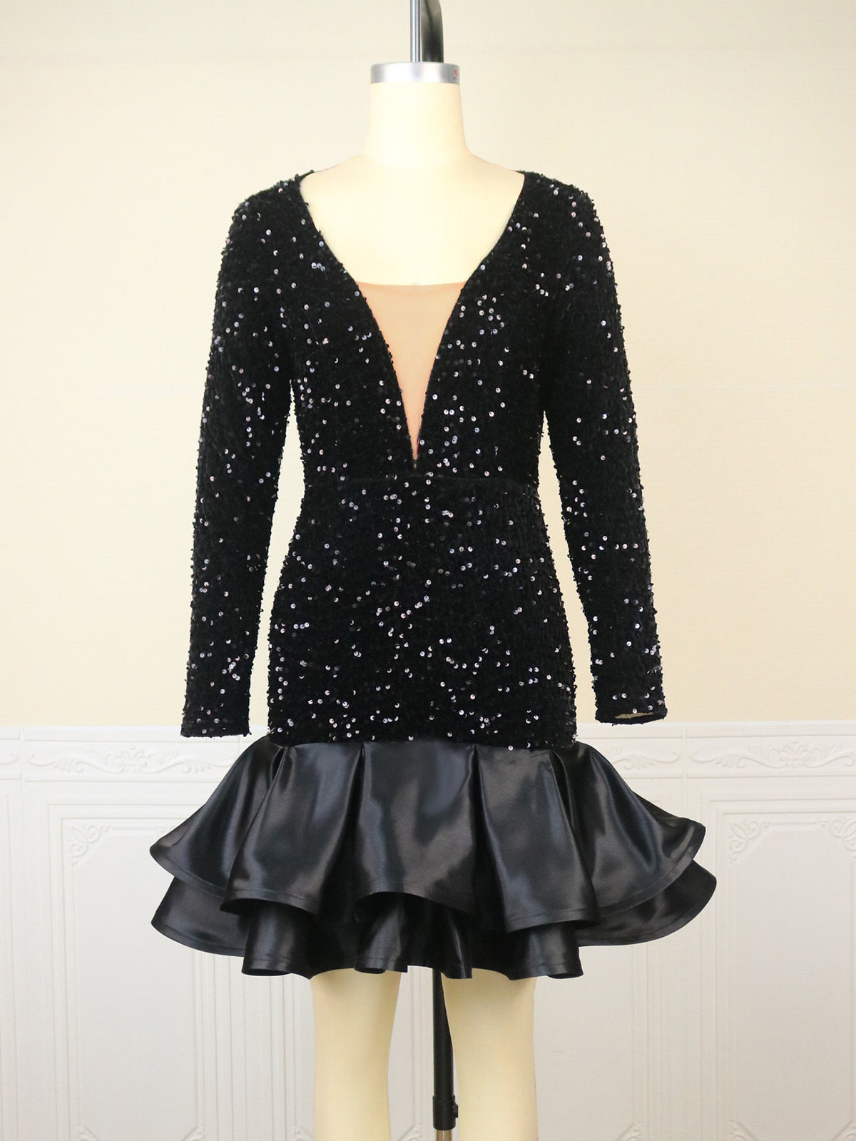 See-through Deep V-neck Sequins Dress Banquet Ball Party Short Dress - kinko