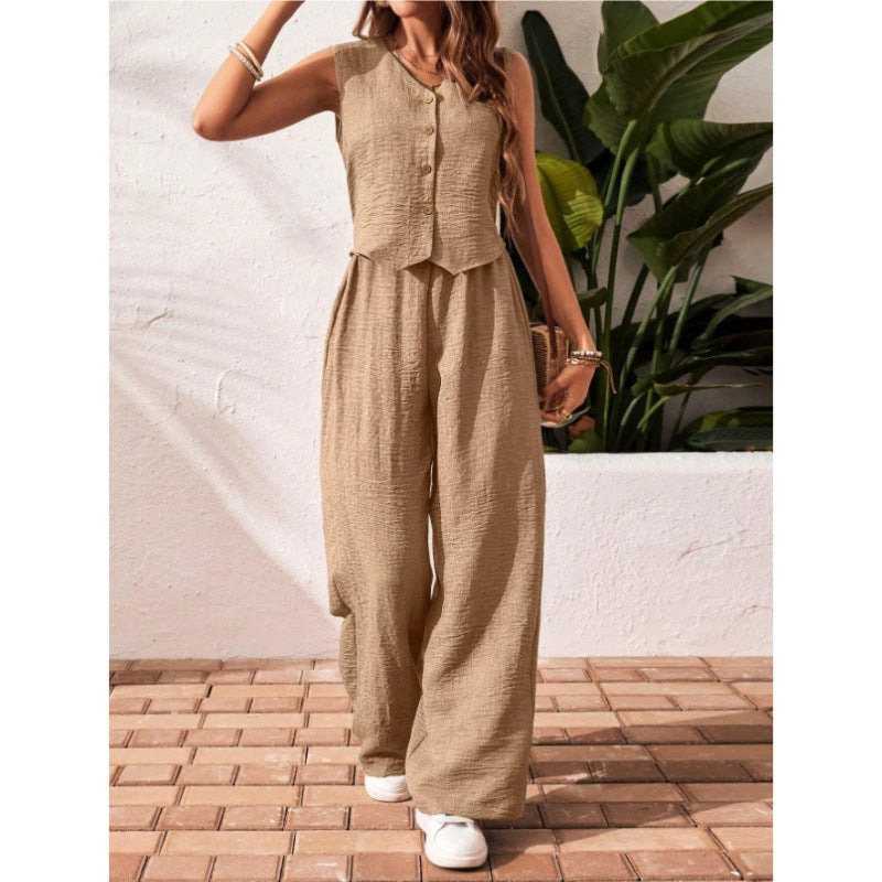 Linen Leisure Commute Front Button Vest And Trousers - kinko