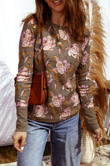 Brown Floral Print Waffle Textured Long Sleeve Top - kinko