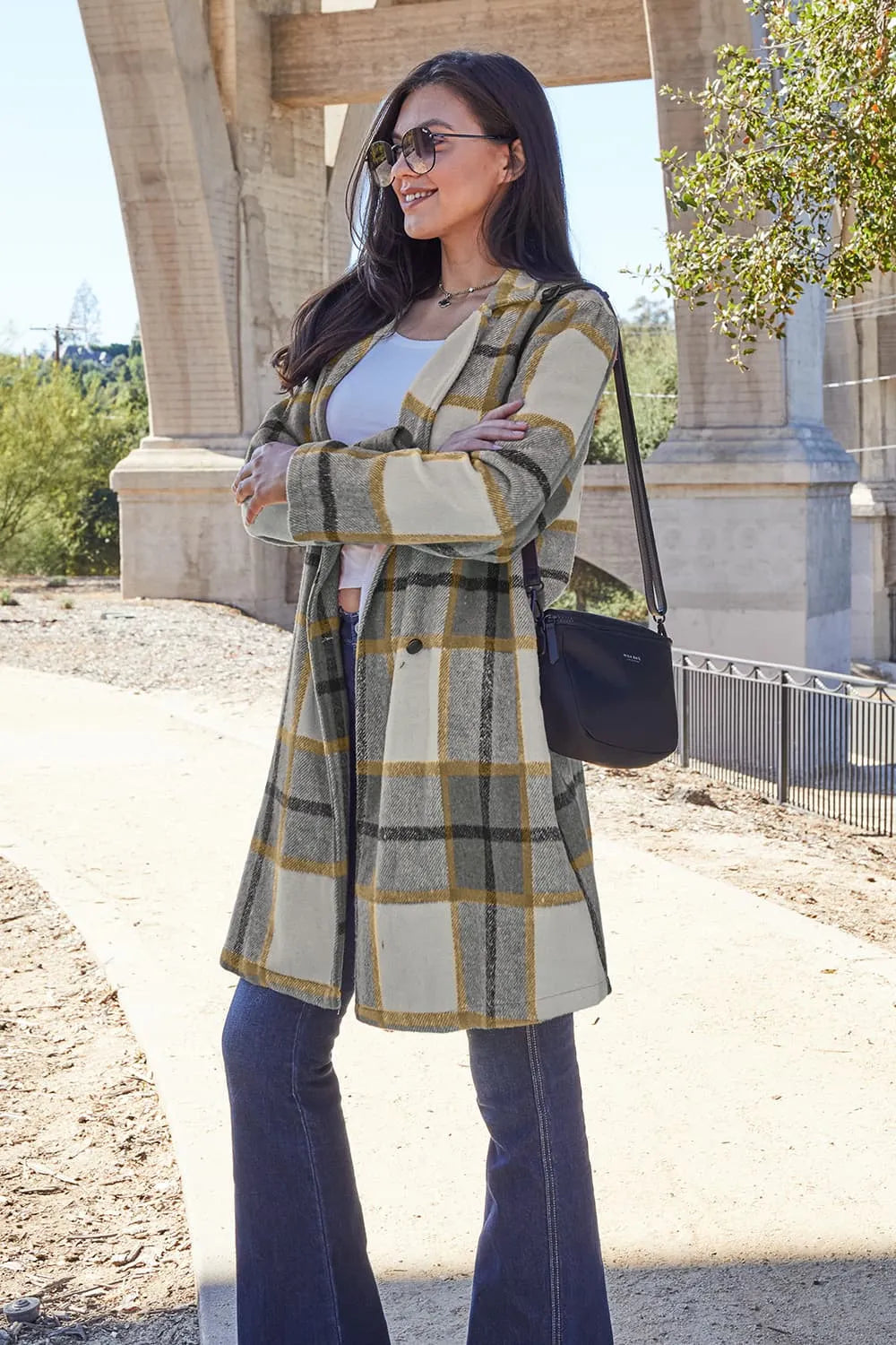 Double Take Full Size Plaid Button Up Lapel Collar Coat - kinko