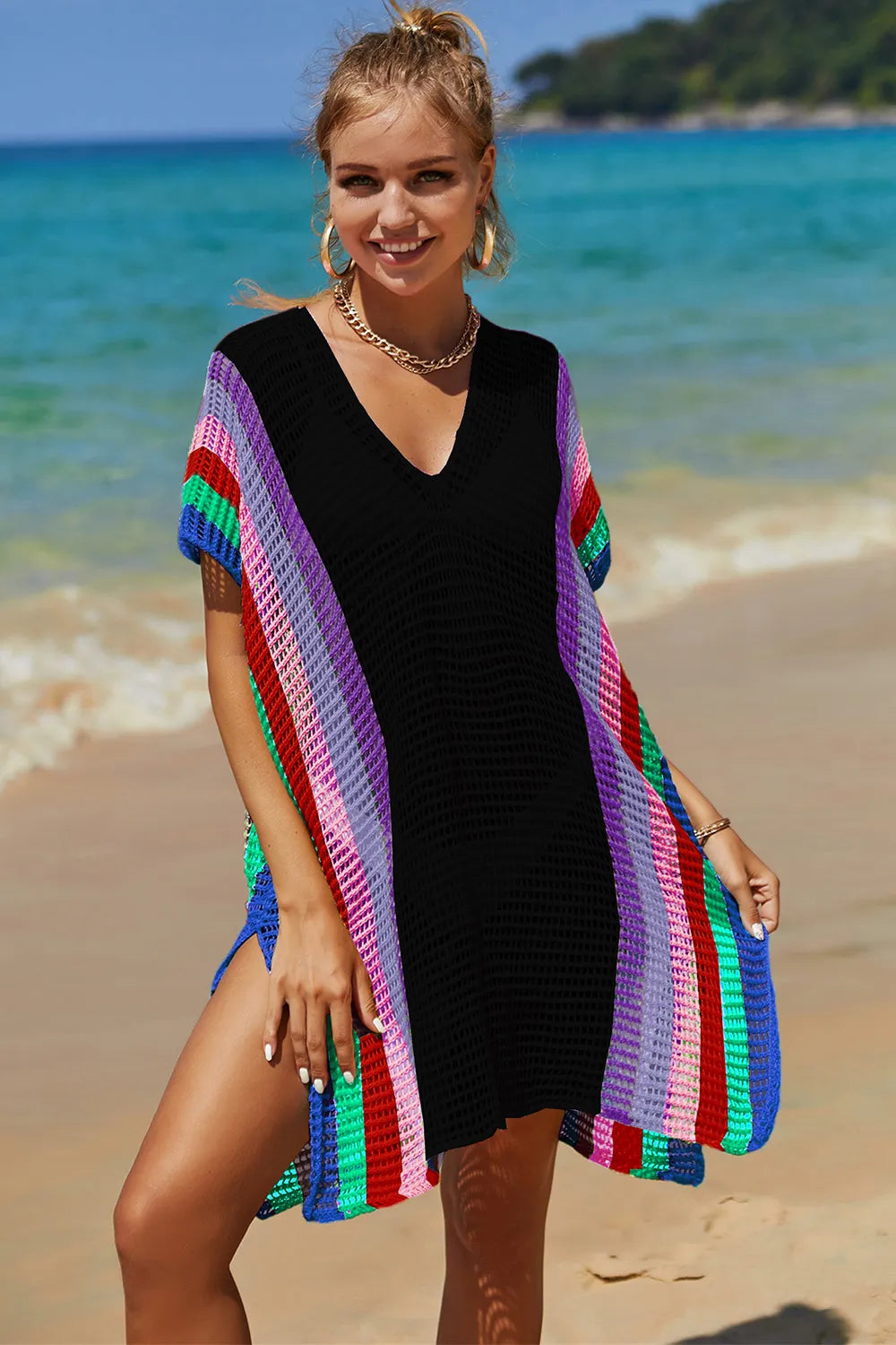 Angel Wings Openwork Striped Slit Knit Cover Up - kinko