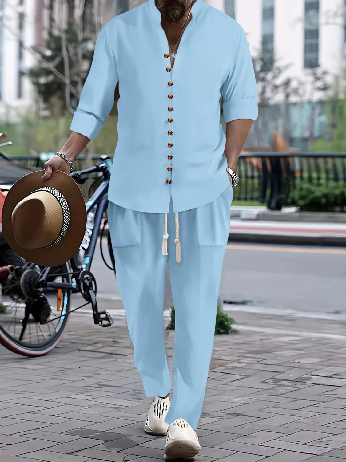 Men's Button Front Long Sleeve Shirt and Pants Set - kinko