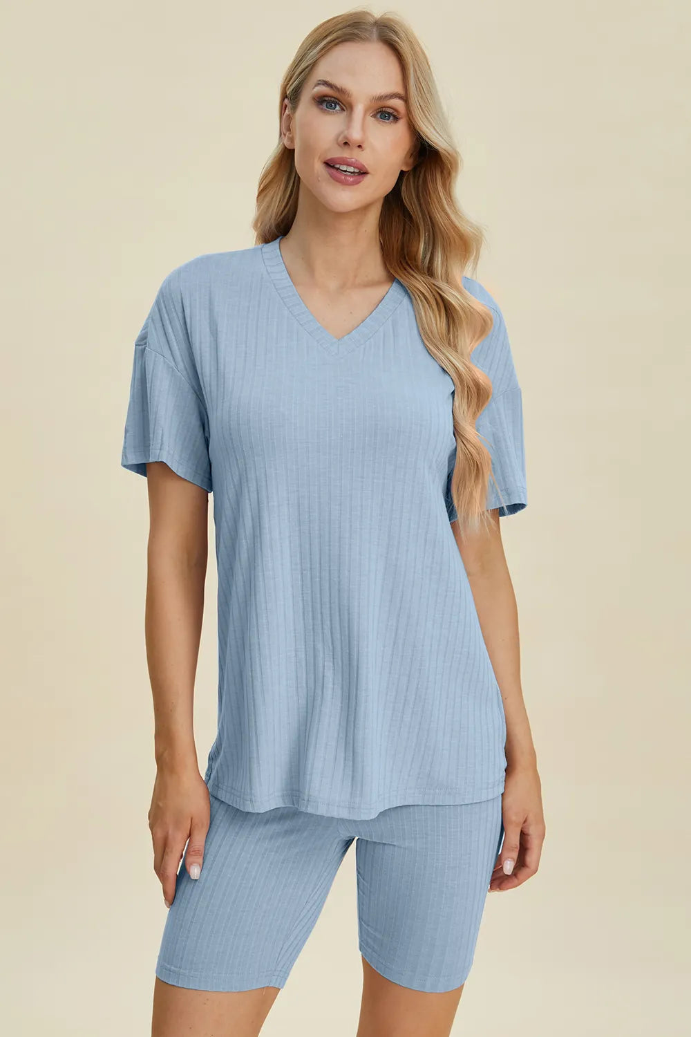 Basic Bae Full Size Ribbed V-Neck Short Sleeve Top and Shorts Set - kinko