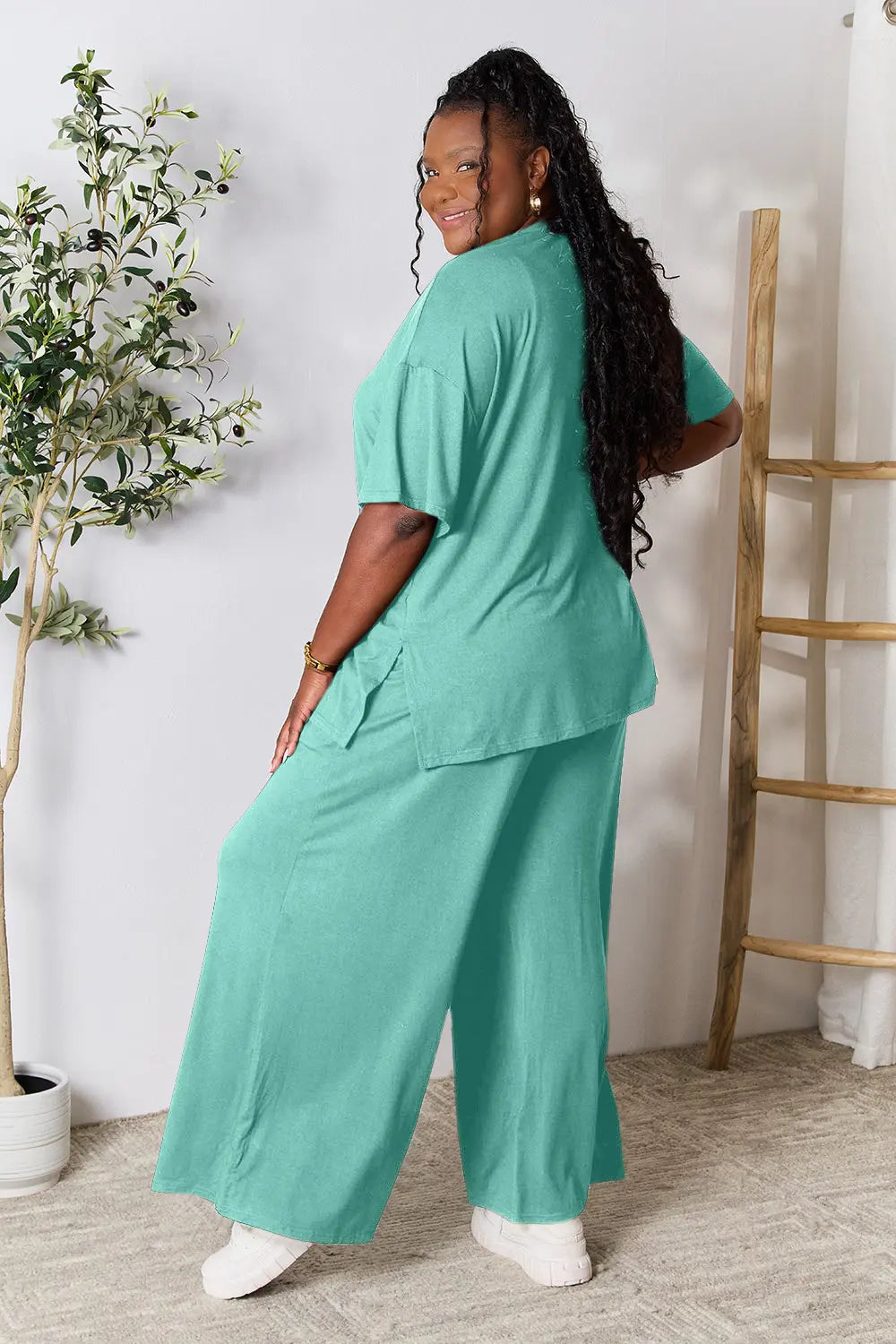 Double Take Full Size Round Neck Slit Top and Pants Set - kinko