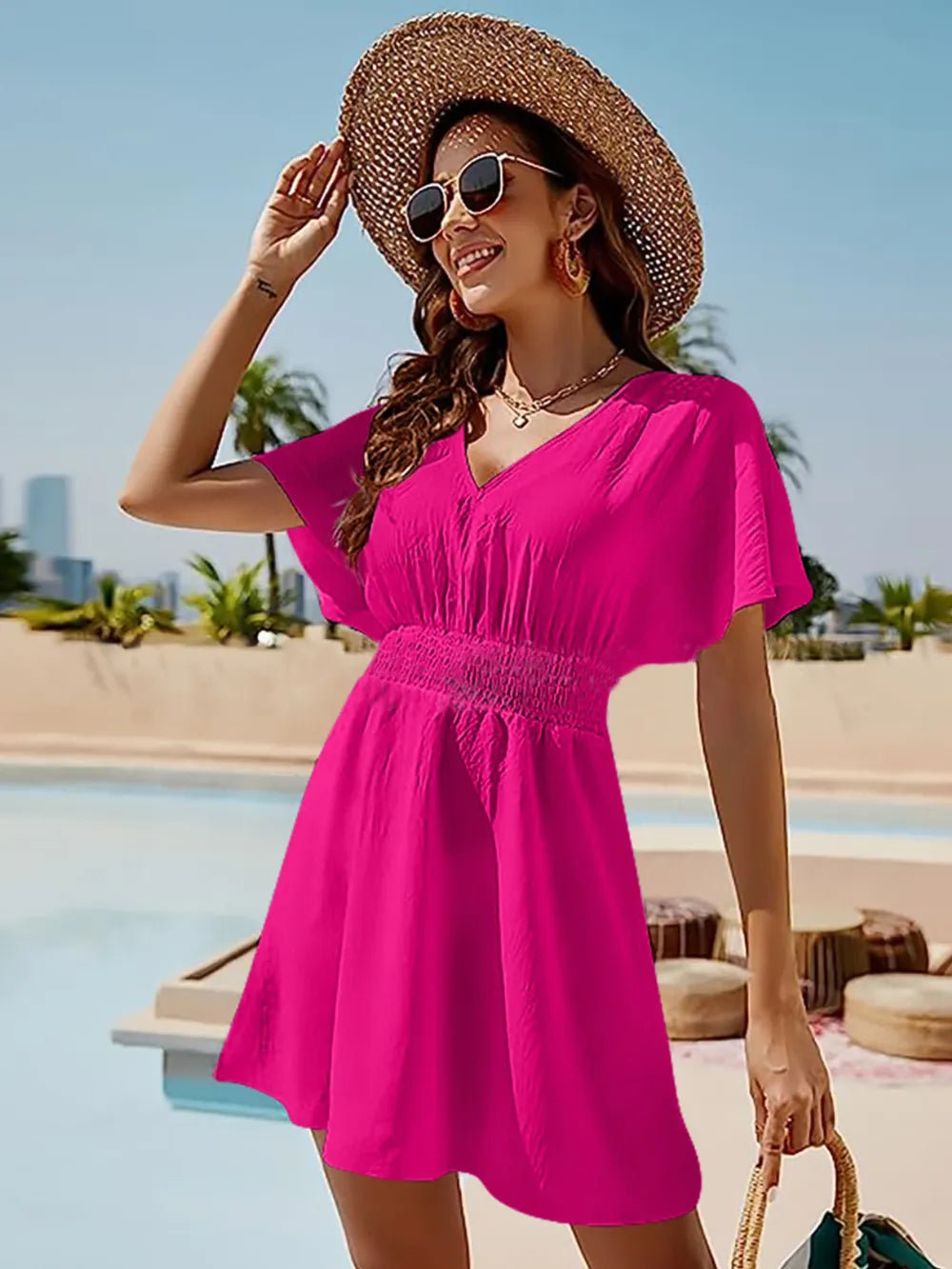 Smocked V-Neck Short Sleeve Dress - kinko