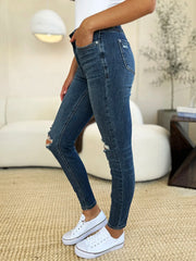 Judy Blue Full Size Mid Waist Distressed Slim Jeans - kinko