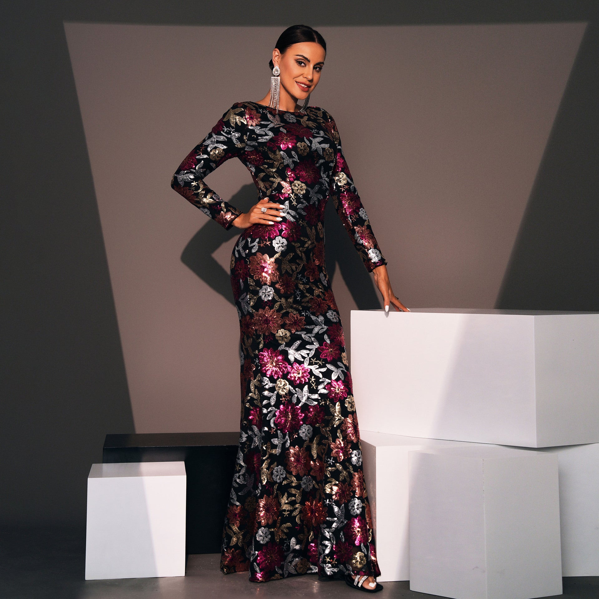 Evening Gown Long Sleeve Temperament Crew Neck Long Sequined Banquet Bridesmaid Dress - kinko