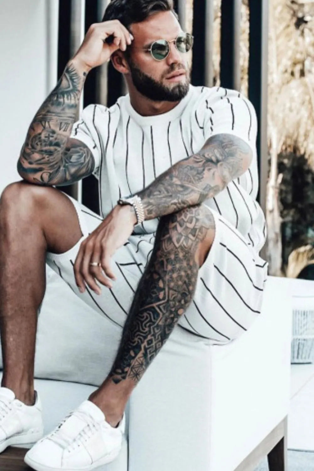 Men's Full Size Striped Casual Top and Shorts Summer Set Plus Size - kinko