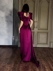 Elegant Puff Sleeve Pleated Slit Maxi Dress - kinko