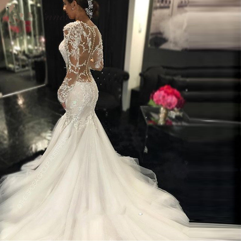 Trailing White Temperament Is Thin And Long Lace Wedding Dress - kinko