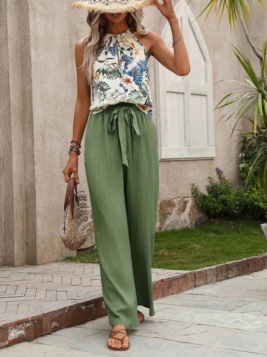 Printed Tank Top and Wide Leg Pants Set - kinko