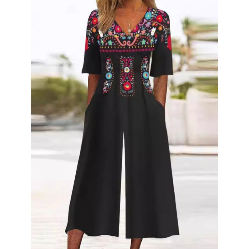 Spring And Summer Print Women's Pocket Collar Jumpsuit - kinko