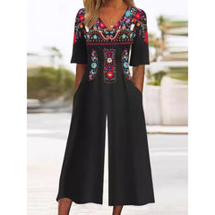 Spring And Summer Print Women's Pocket Collar Jumpsuit - kinko