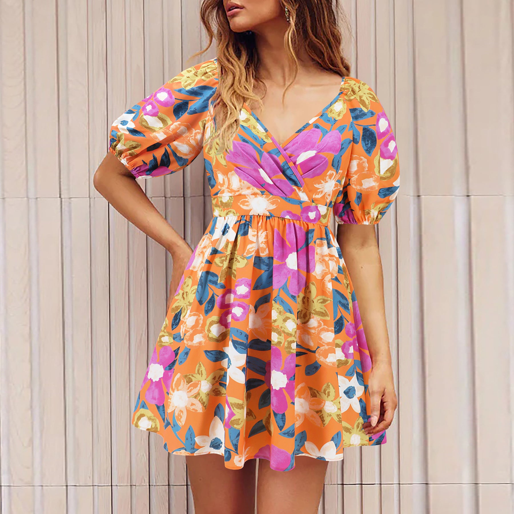 Flowers Print V-Neck Lantern-sleeve Dress Y2K Summer Vacation Beach Short Dresses Fashion Womens Clothing - kinko