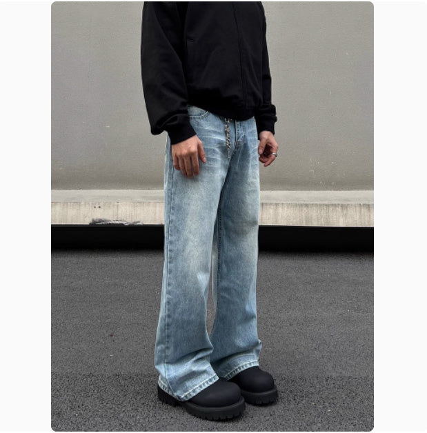 Men's Retro Whisker Washed Blue Straight Jeans - kinko