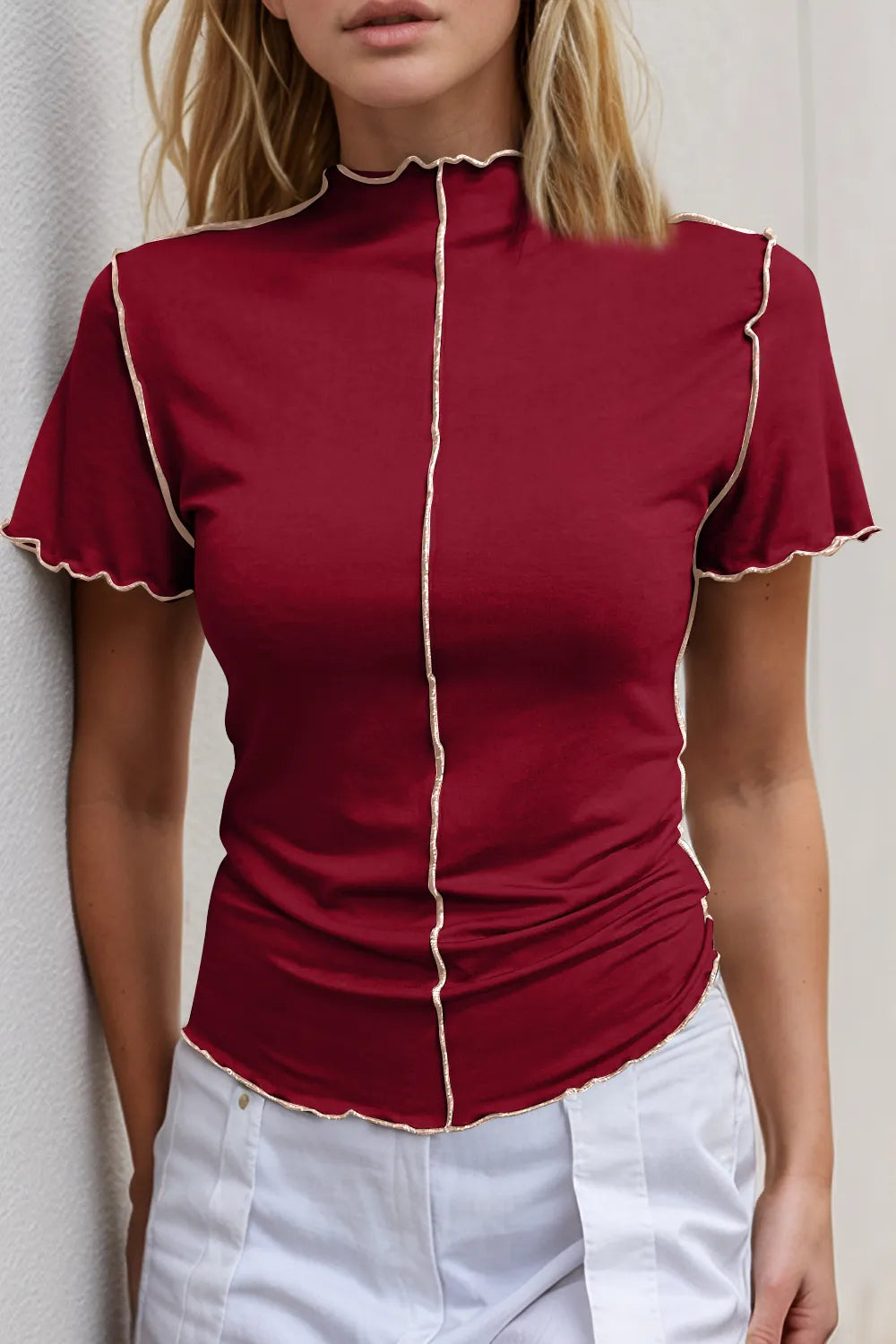 Basic Bae Contrast Trim Mock Neck Short Sleeve T-Shirt - kinko