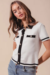 SO ME Button Down Knitted Sweater Shirt Top - kinko