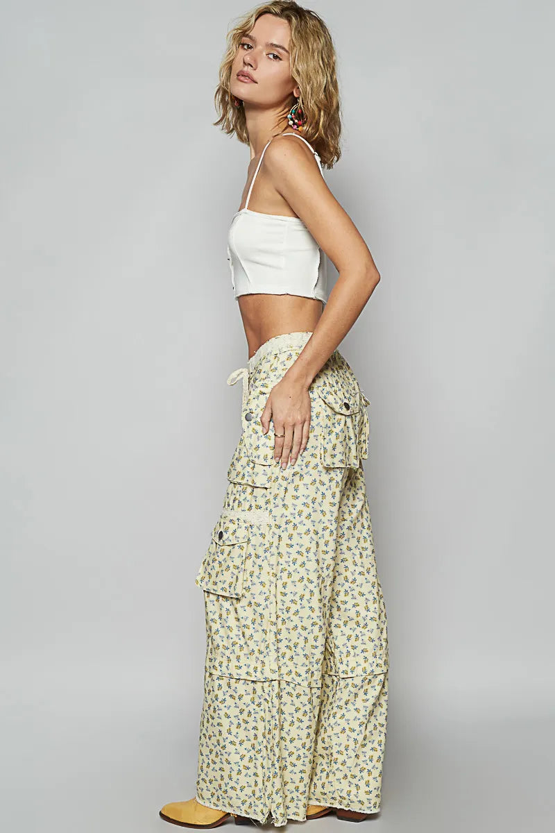 POL Floral Cargo Wide Leg Pants with Lace Drawstring - kinko