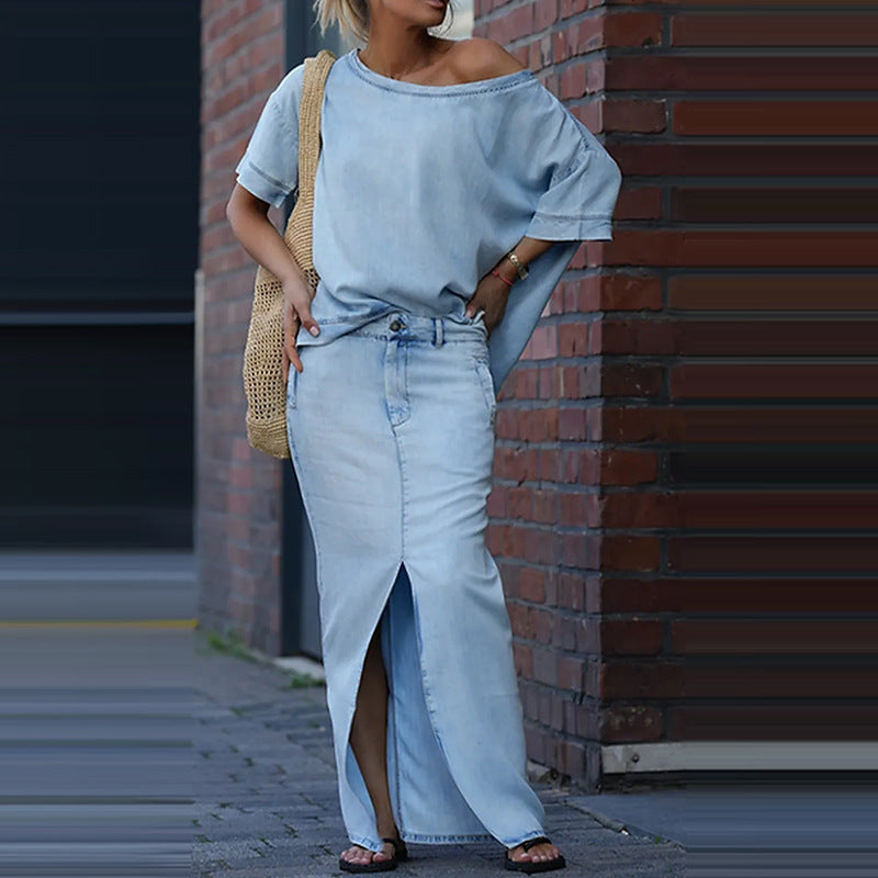 European And American Women's Fashion Tops Slit Skirt Two-piece Skirt Suit - kinko