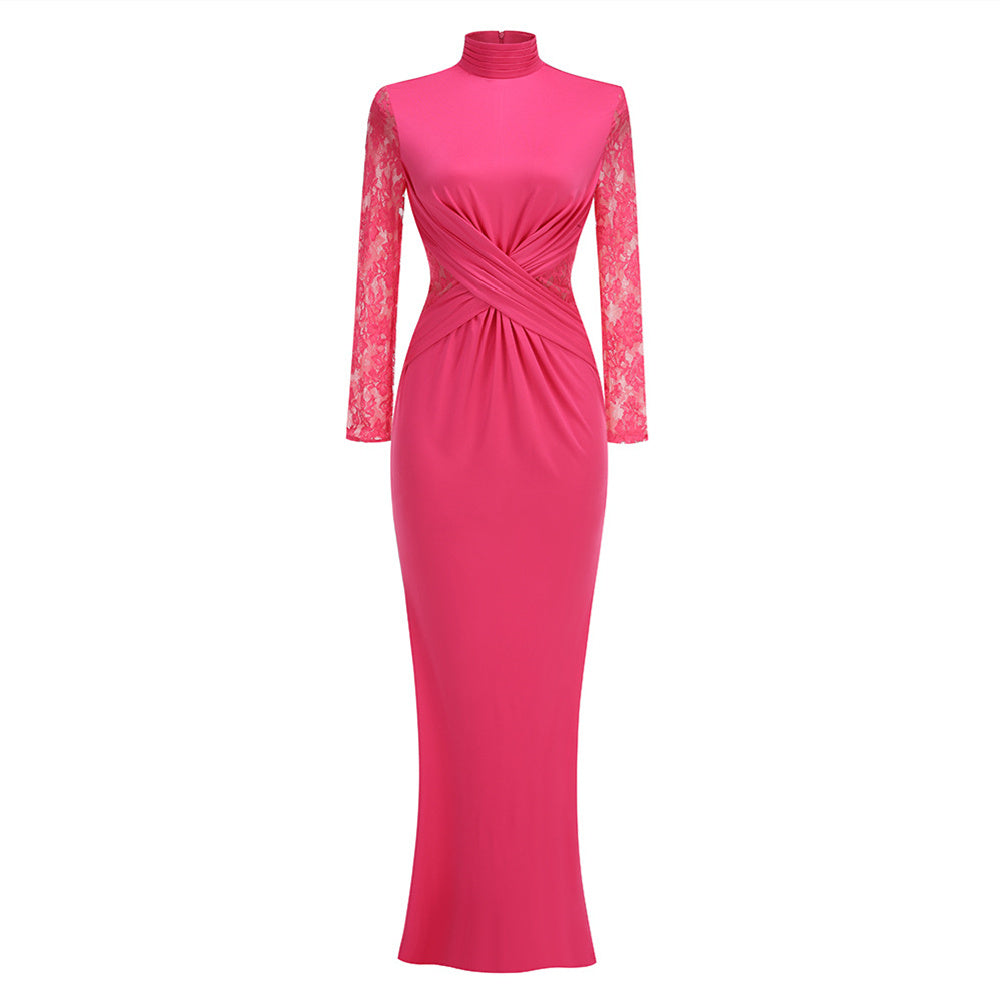 Vintage Lace Pleated Waist Tight Dress - kinko