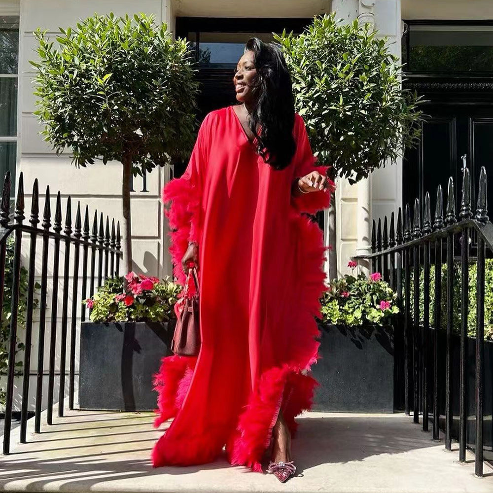 African Women's Loose Dress Luxury Fully Surrounded Light Feather Batwing Sleeve High Slit Robe - kinko