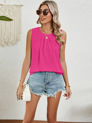 Round Neck Sleeveless Top with Pleated Front Detail - kinko
