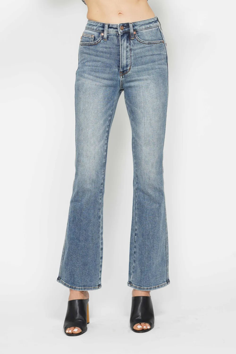Judy Blue Full Size Tummy Control Back Embroidered Pocketed Bootcut Jeans Plus Size - kinko