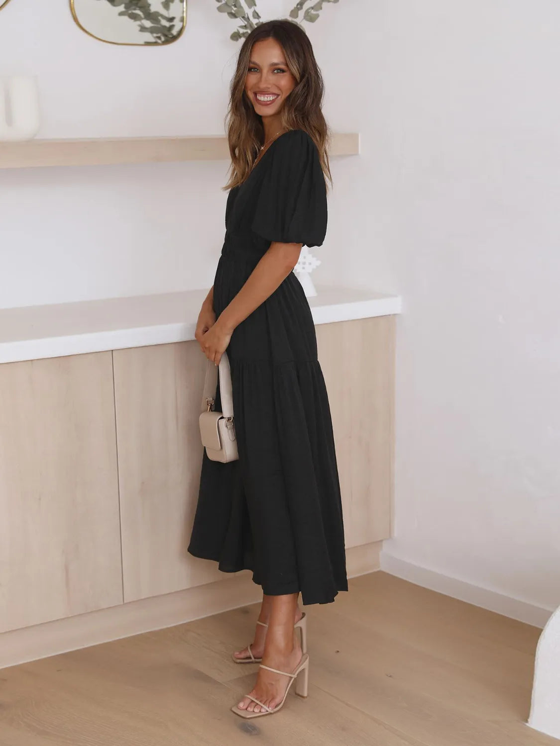 Tiered Surplice Half Sleeve Midi Dress - kinko