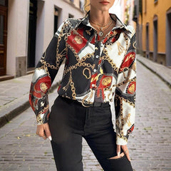 Women's Lapel Long Sleeve Shirt - Fitted Cut Intricate Print Button-Up Design Casual Spring&Fall Wear - kinko