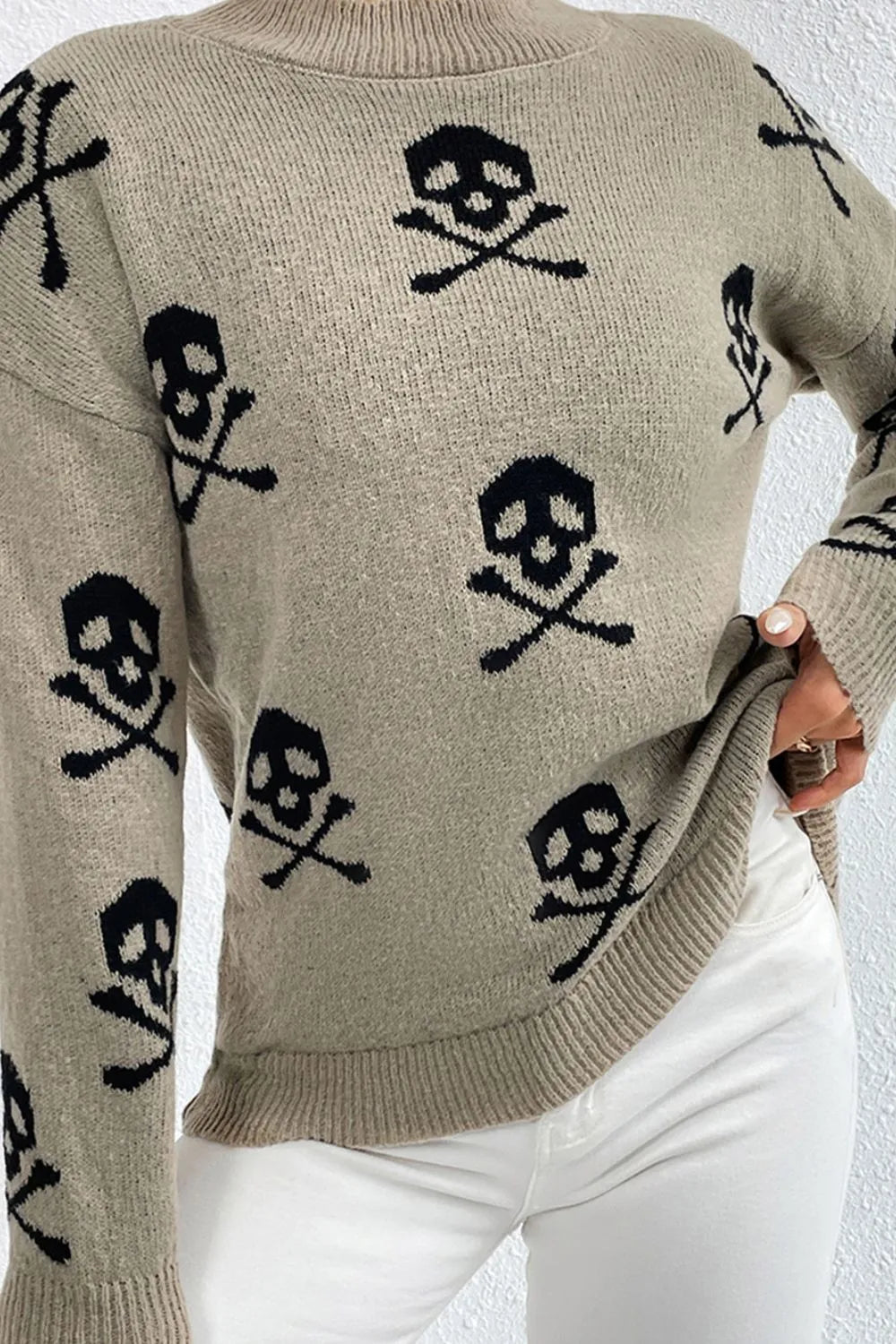 Graphic Mock Neck Dropped Shoulder Sweater - kinko