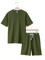 Men's Full Size Textured Round Neck Top and Shorts Set Plus SIze - kinko