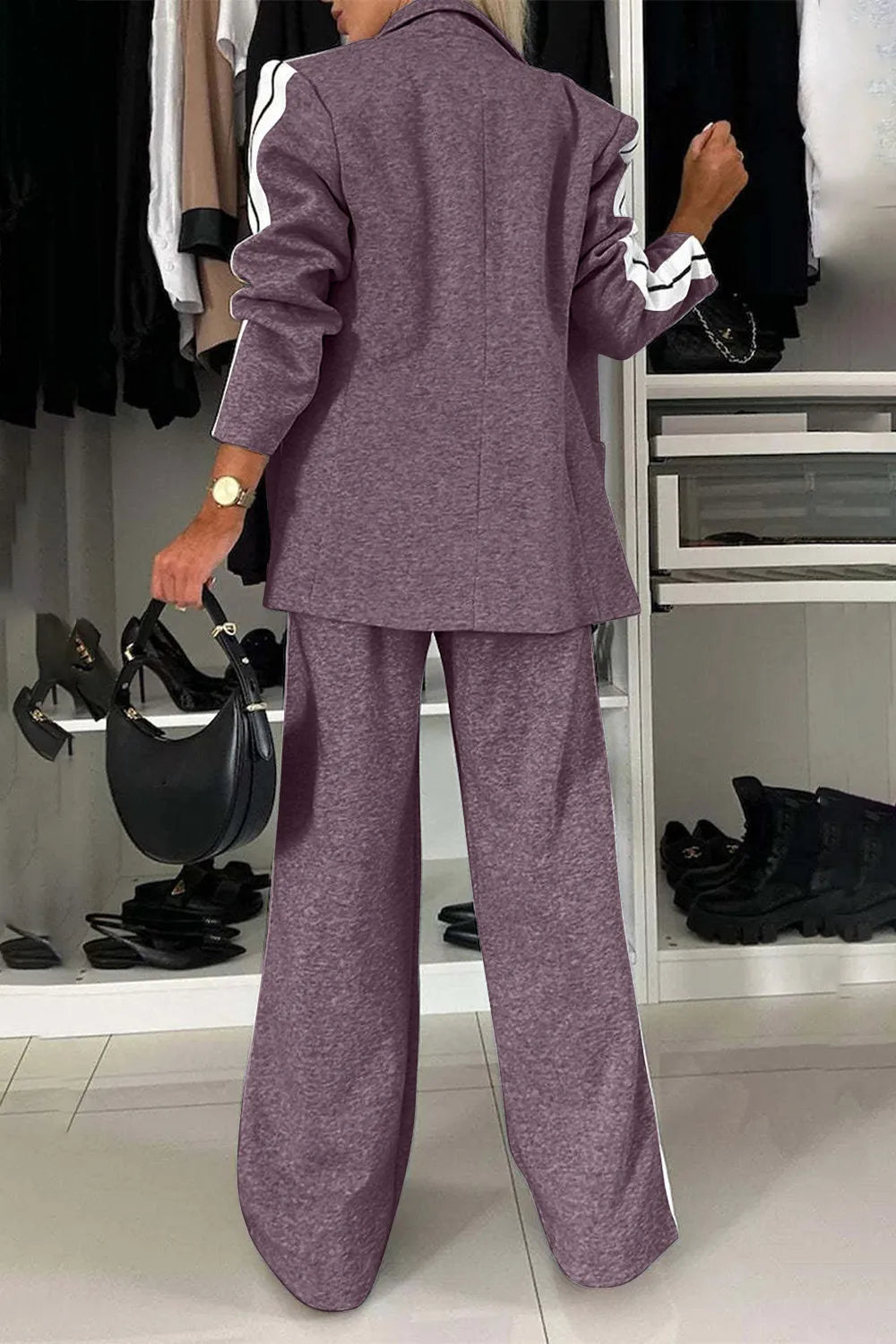 Full Size Contrast Lapel Collar Top and Pants Set - kinko