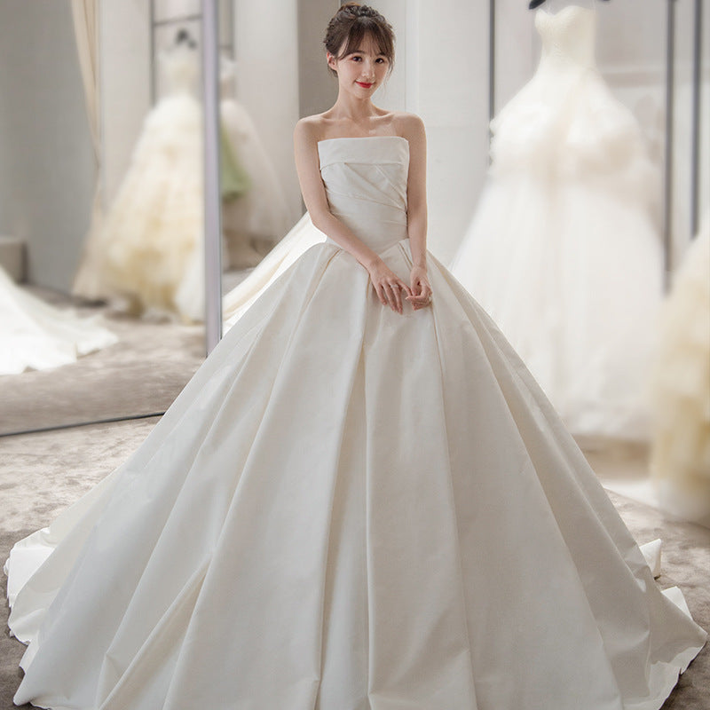 Women's Satin Tube Top Simple Elegant French Style Large Tail Elegant Wedding Dress - kinko