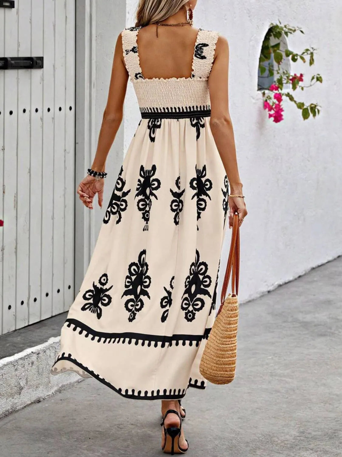 Smocked Printed Wide Strap Maxi Dress - kinko