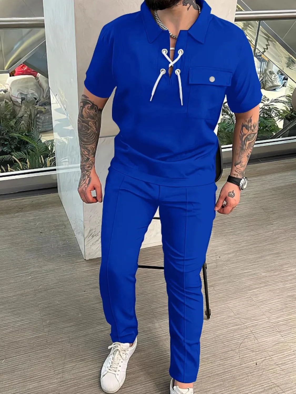 Men's Full Size Lace Up Short Sleeve Top and Pants Plus Size - kinko
