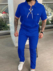 Men's Full Size Lace Up Short Sleeve Top and Pants Plus Size - kinko