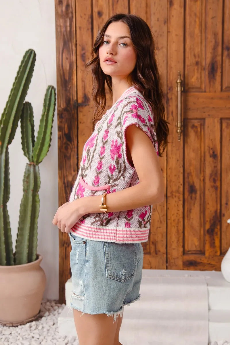 SO ME Button Front Floral and Stripe Knitted Sweater Vest - kinko