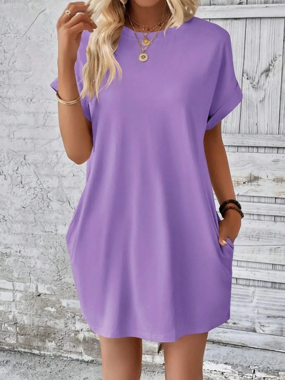 Pocketed Round Neck Short Sleeve Dress - kinko