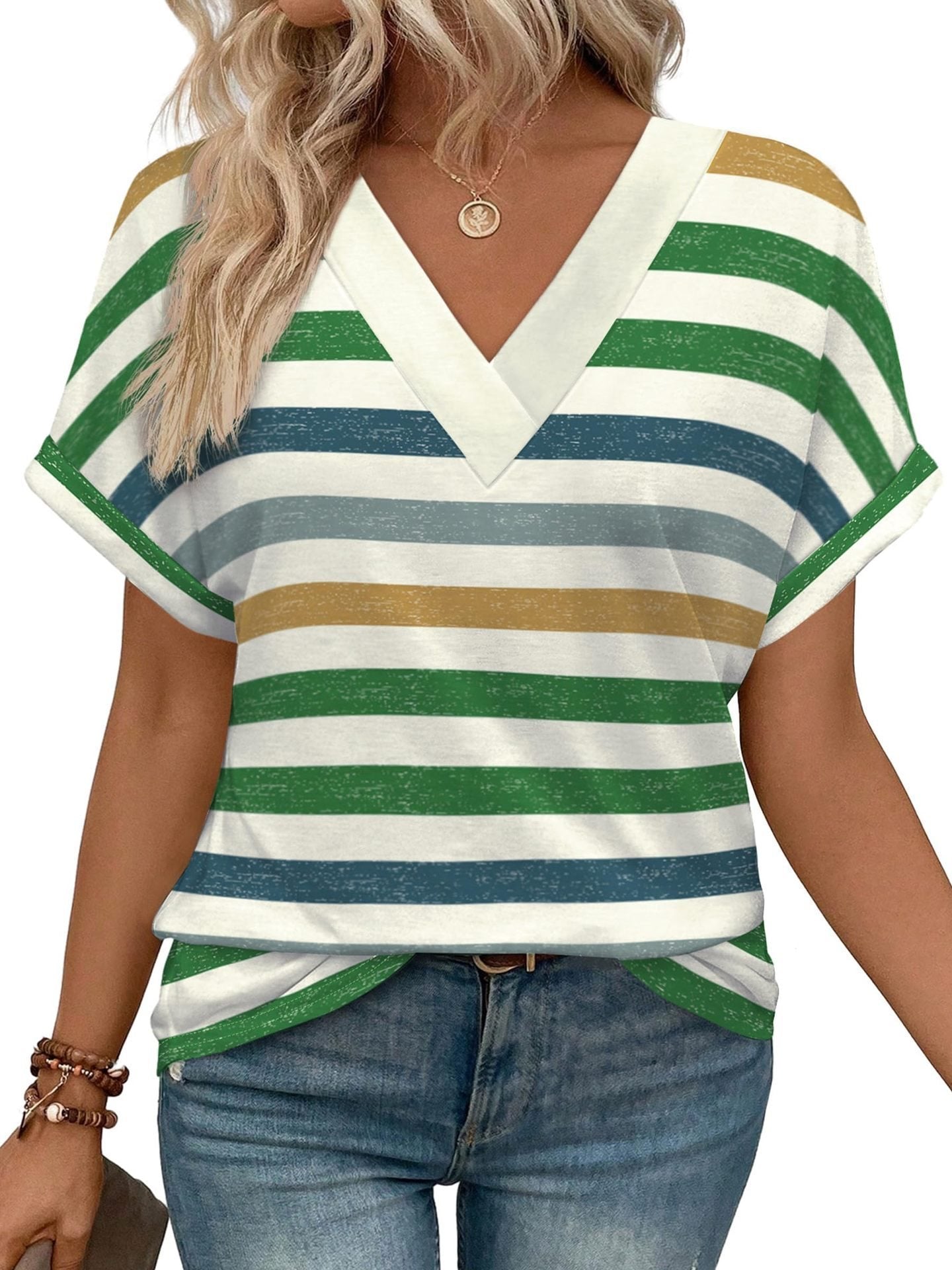 Women's Casual Round Neck Striped T-shirt Top - kinko