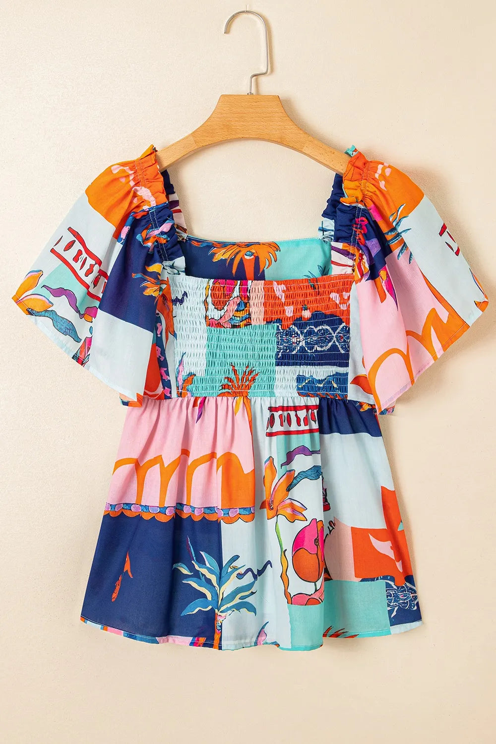 Printed Square Neck Ruffled Short Sleeve Blouse - kinko