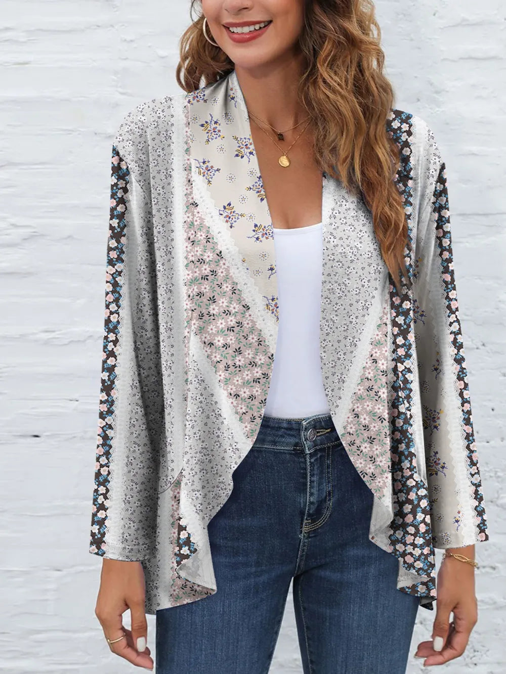 FAM-FAM Printed Open Front Long Sleeve Cardigan - kinko