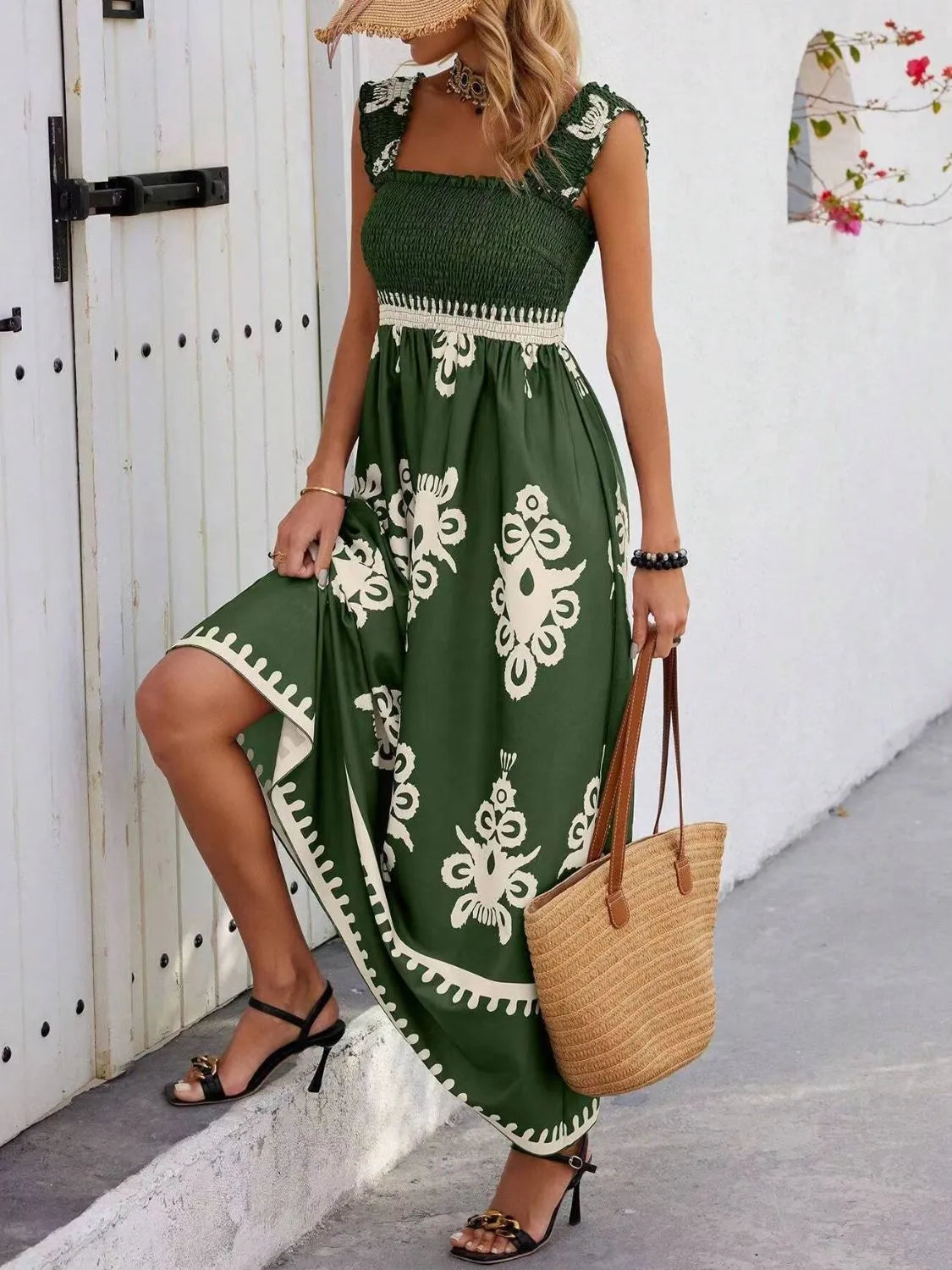 Smocked Printed Wide Strap Maxi Dress - kinko