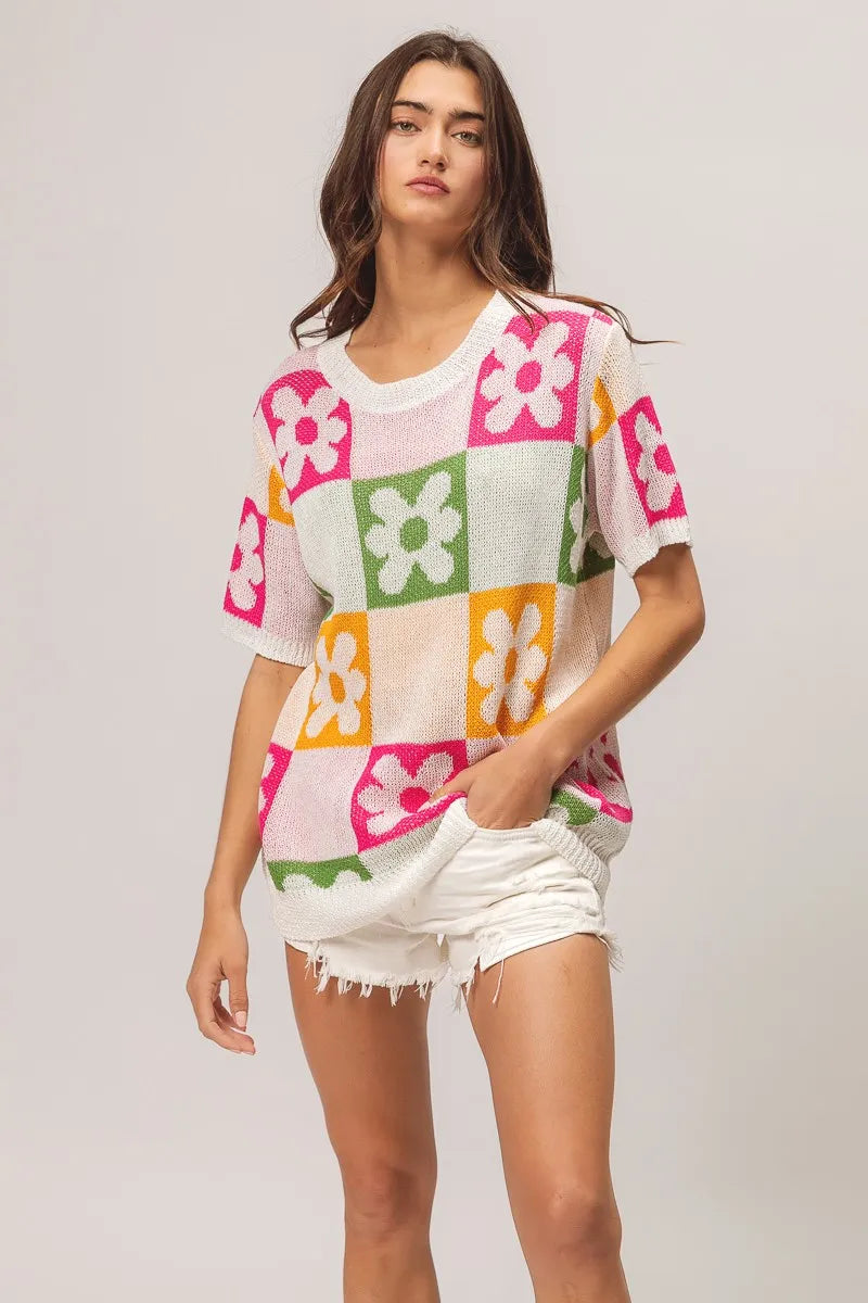 BiBi Flower Checker Pattern Lightweight Sweater Top - kinko