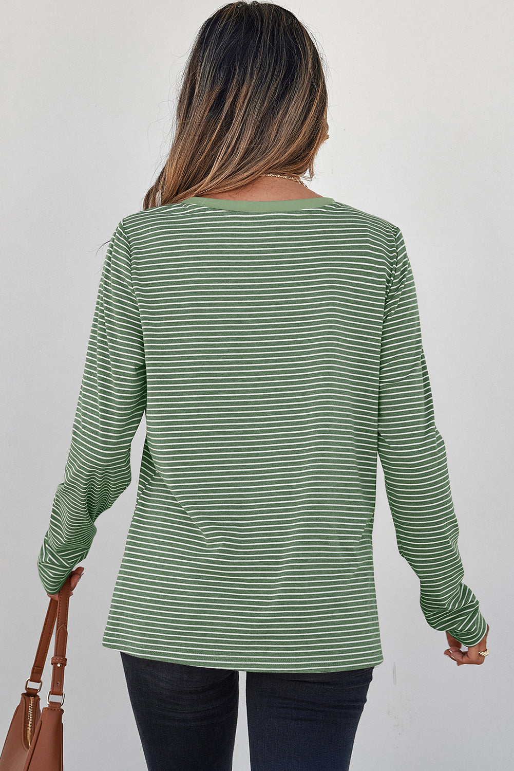 Green Stripe V Neck Stretchy Long Sleeve Top - kinko